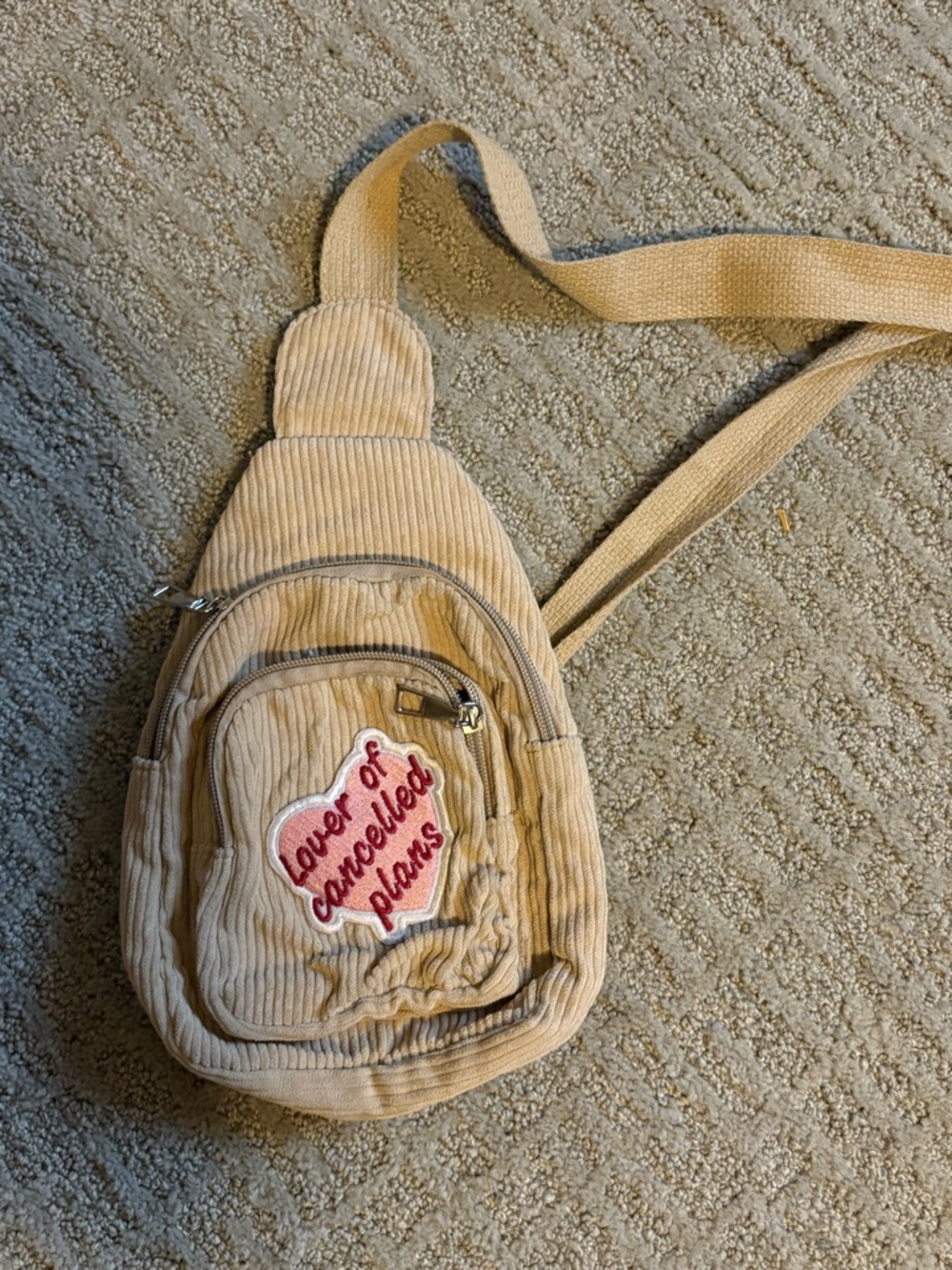 Beige Corduroy Crossbody Sling Bag with 'lover of canceled plans' Patch